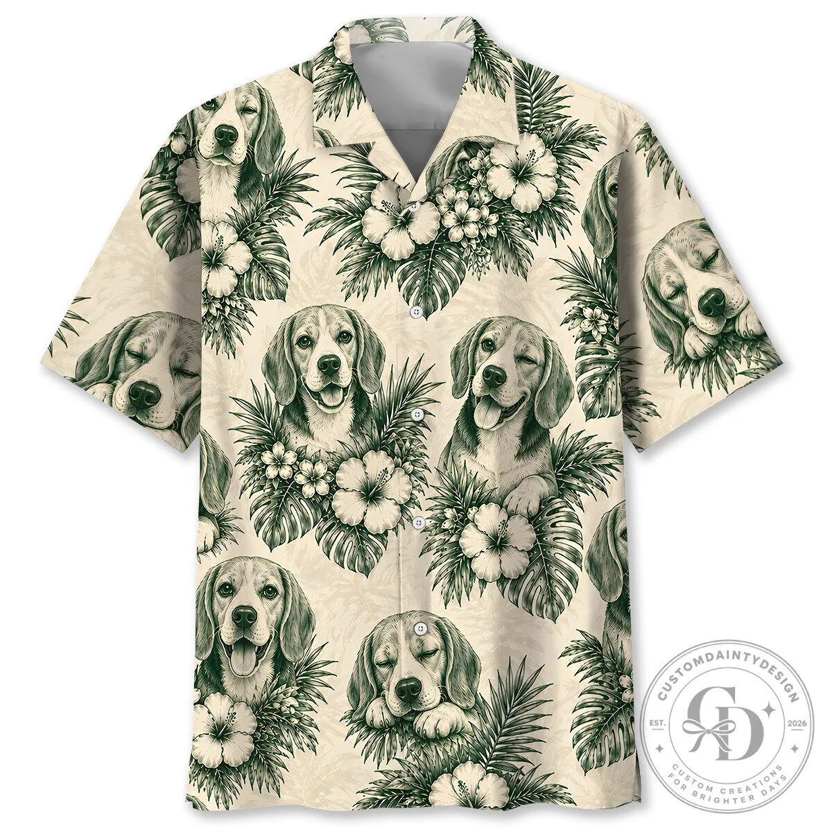 Beagle Dog Tropical Hibiscus Flower Cream Hawaiian Shirt for Men and Women