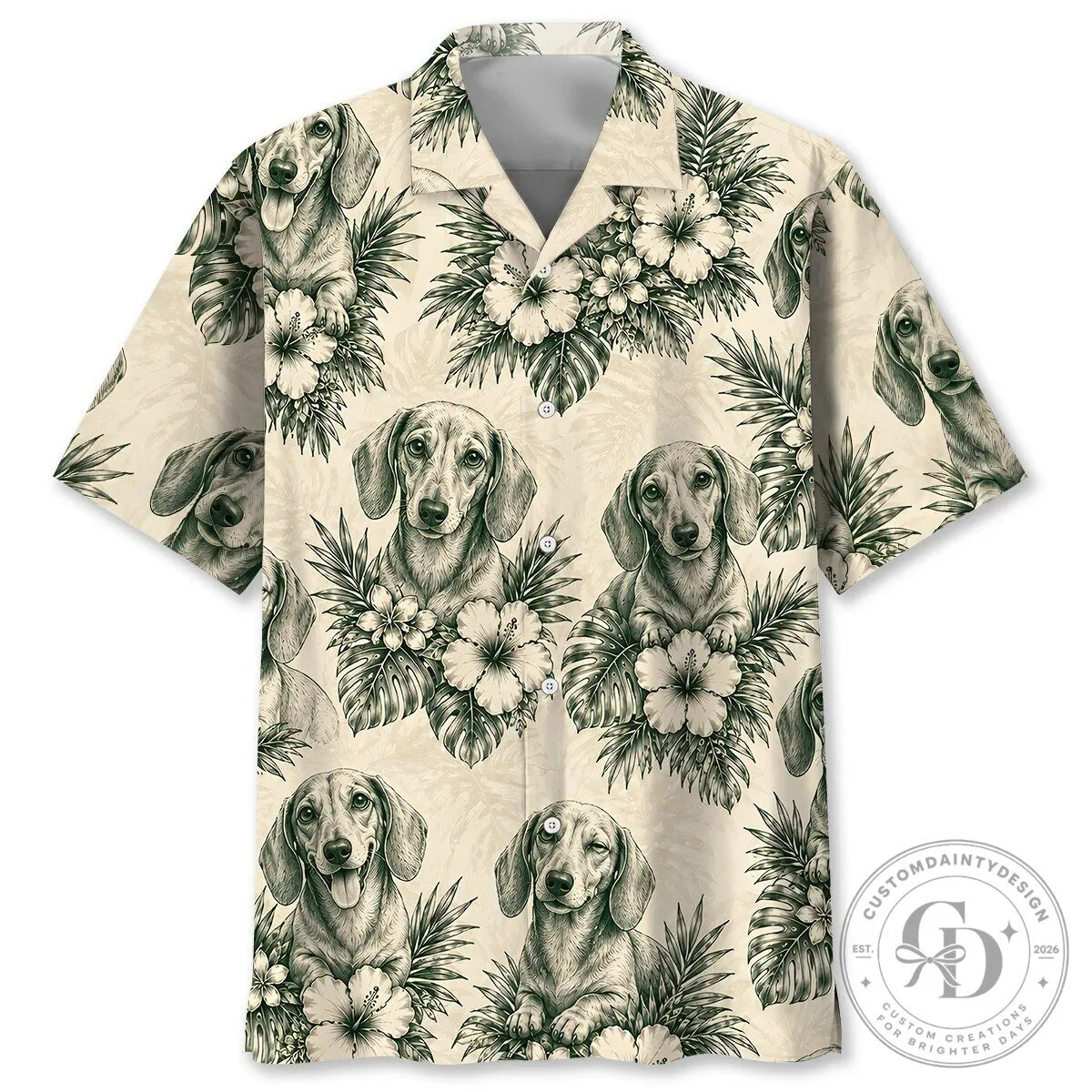 Vintage Dachshund Dog Hibiscus Flower Cream Forest Green Hawaiian Shirt