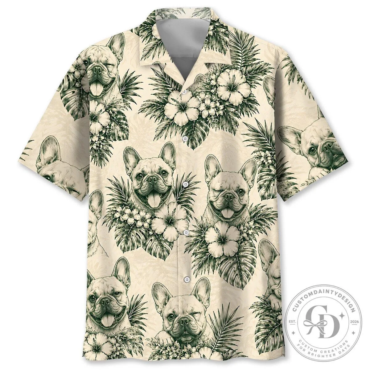 French Bulldog Hibiscus Flower Tropical Leaves Cream Hawaiian Shirt 2 French Bulldog Hibiscus Flower Tropical Leaves Cream Hawaiian Shirt
