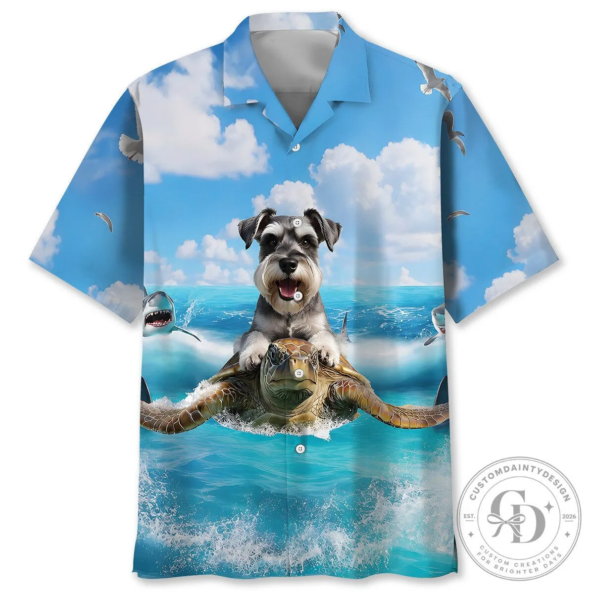 Funny Schnauzer Dog Riding Sea Turtle Ocean Beach Hawaiian Shirt