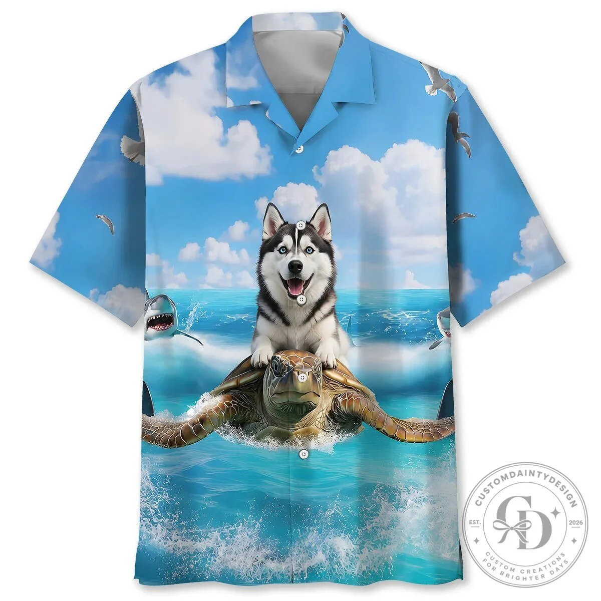 Funny Husky Dog Riding Sea Turtle Ocean Adventure Hawaiian Shirt
