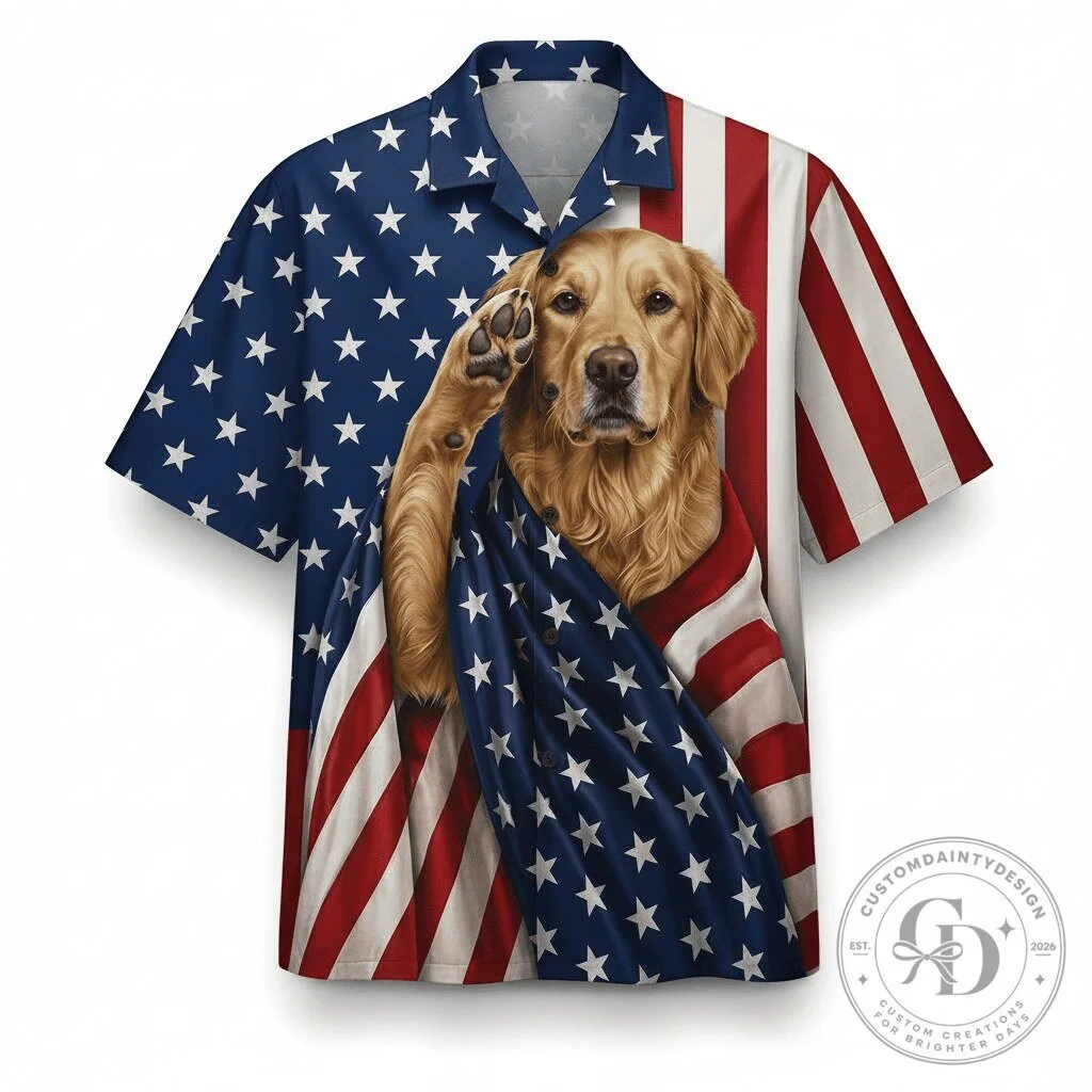 Golden Retriever Patriotic American Flag Hawaiian Shirt
