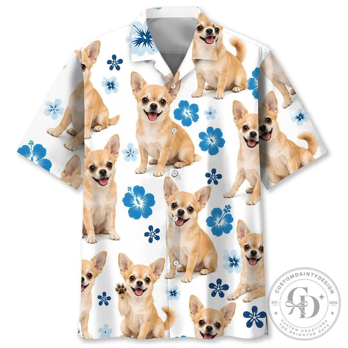 Cute Chihuahua Dog and Blue Hibiscus Flowers Pattern Hawaiian Shirt