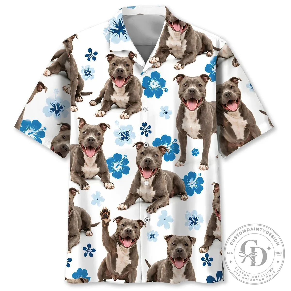 Pit Bull Terrier Blue Hibiscus Floral Pattern Hawaiian Shirt