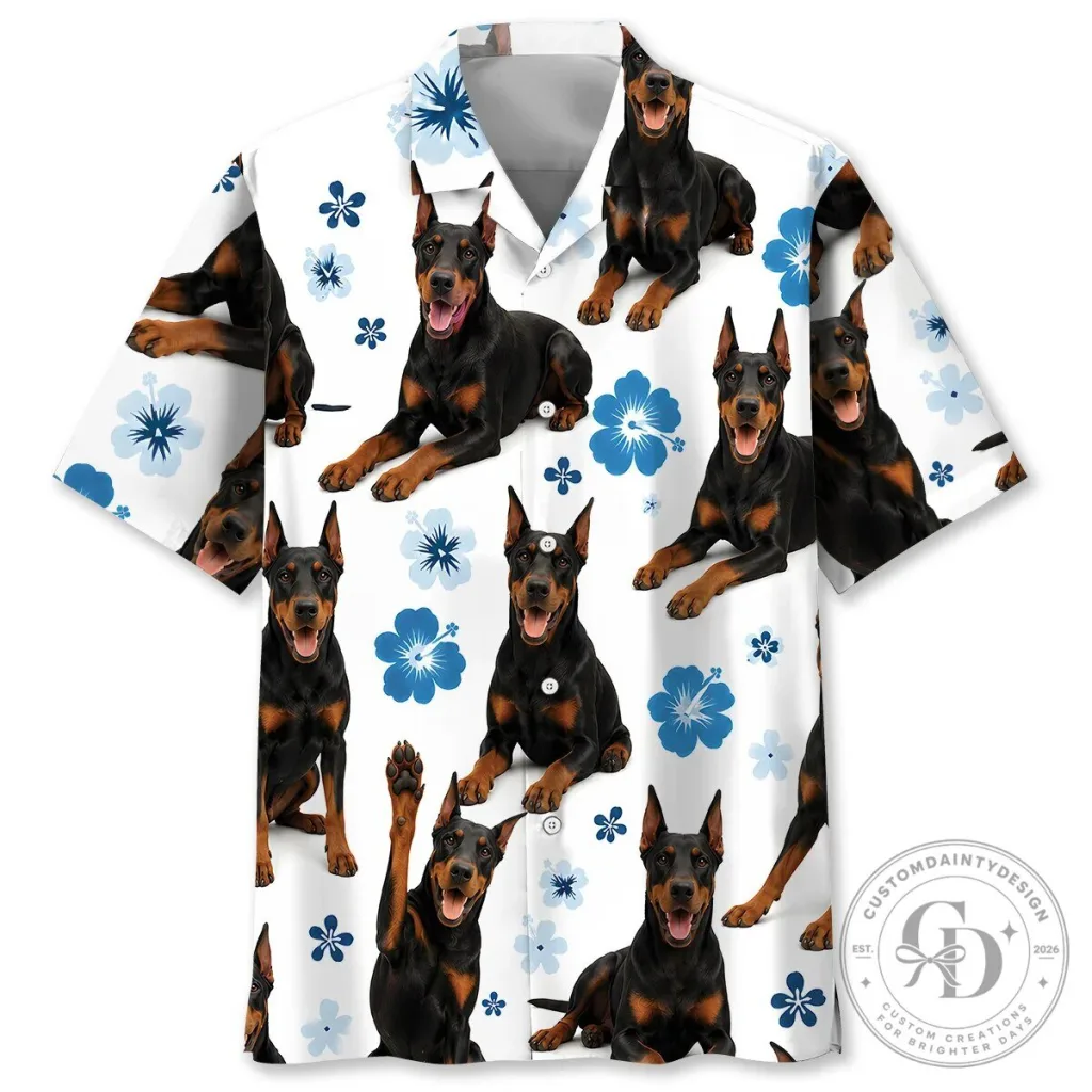Doberman Pinscher Dog Blue Hibiscus Flower Hawaiian Shirt Doberman Pinscher Dog Blue Hibiscus Flower Hawaiian Shirt