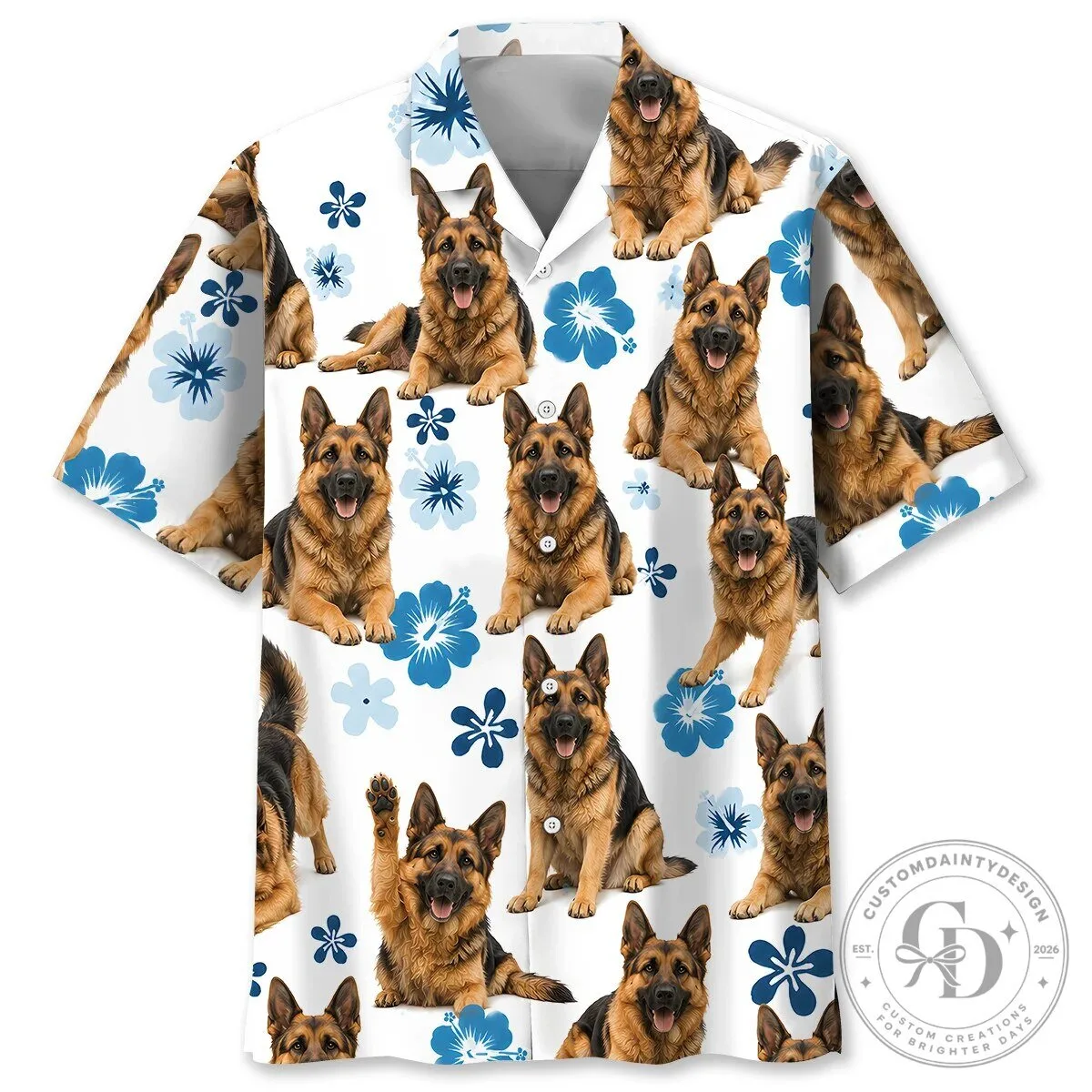 German Shepherd Dog Blue Hibiscus Floral Pattern Hawaiian Shirt