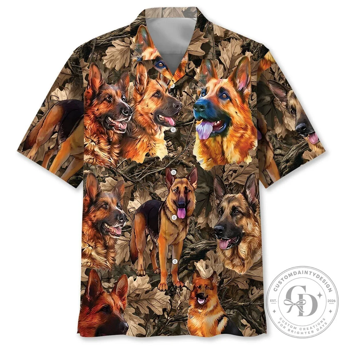 German Shepherd Dog Woodland Camouflage Pattern Hawaiian Shirt