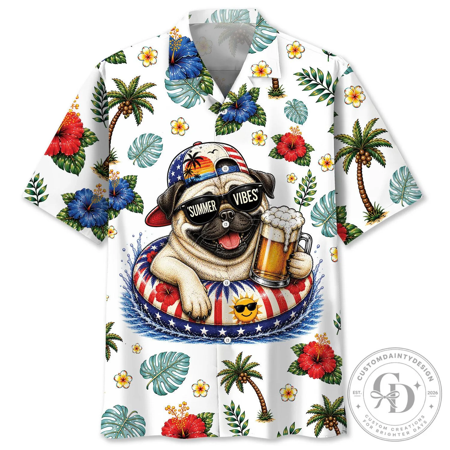 Funny Pug Dog Summer Vibes Hawaiian Shirt for Men and Women