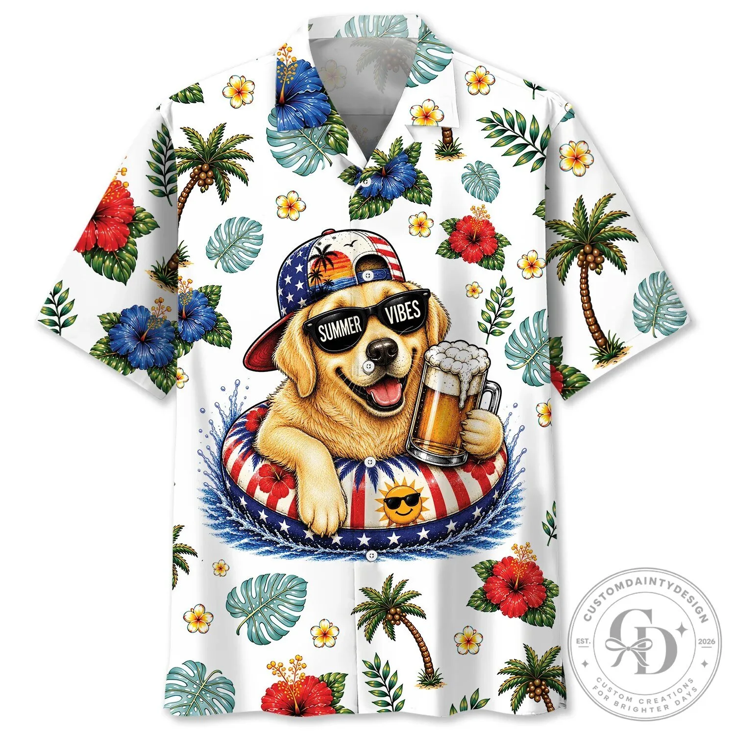 Golden Retriever Dog Summer Vibes Patriotic Hawaiian Shirt