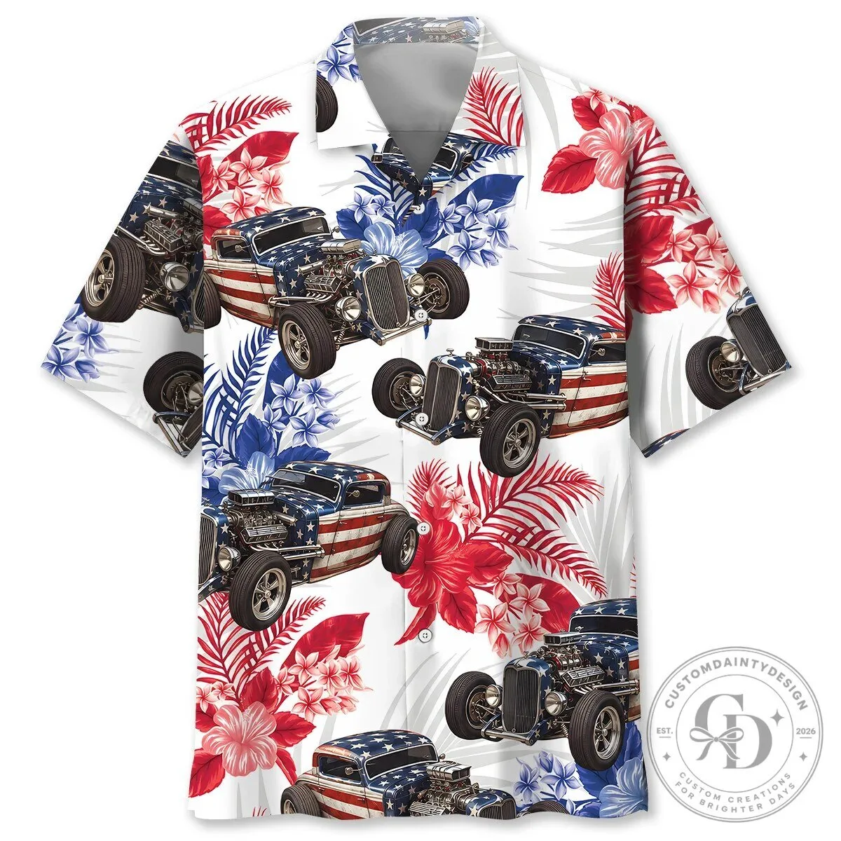 American Flag Hot Rod Car Tropical Leaves Patriotic Hawaiian Shirt