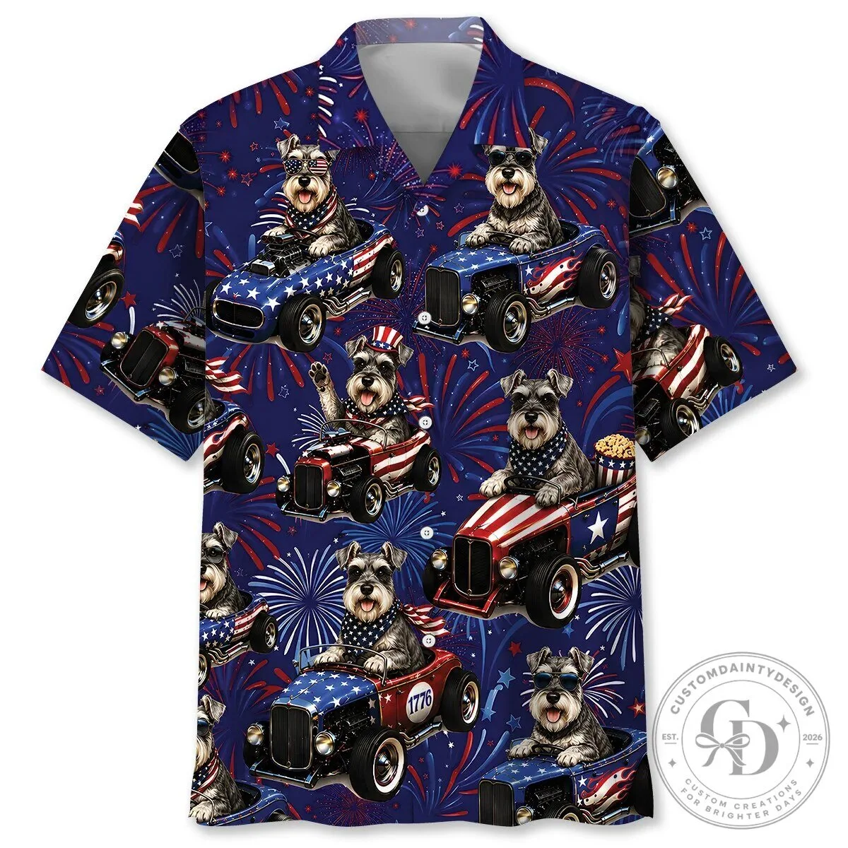 Fourth of July Schnauzer Dogs Hot Rod Cars Fireworks Hawaiian Shirt