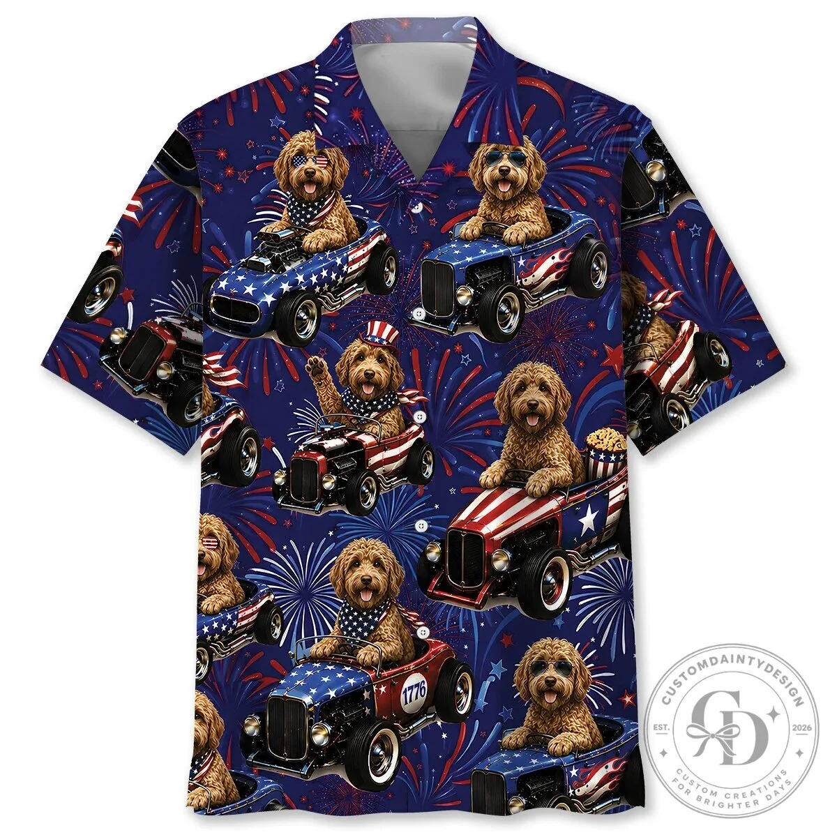 Fourth of July Australian Labradoodle Hot Rod Fireworks Hawaiian Shirt