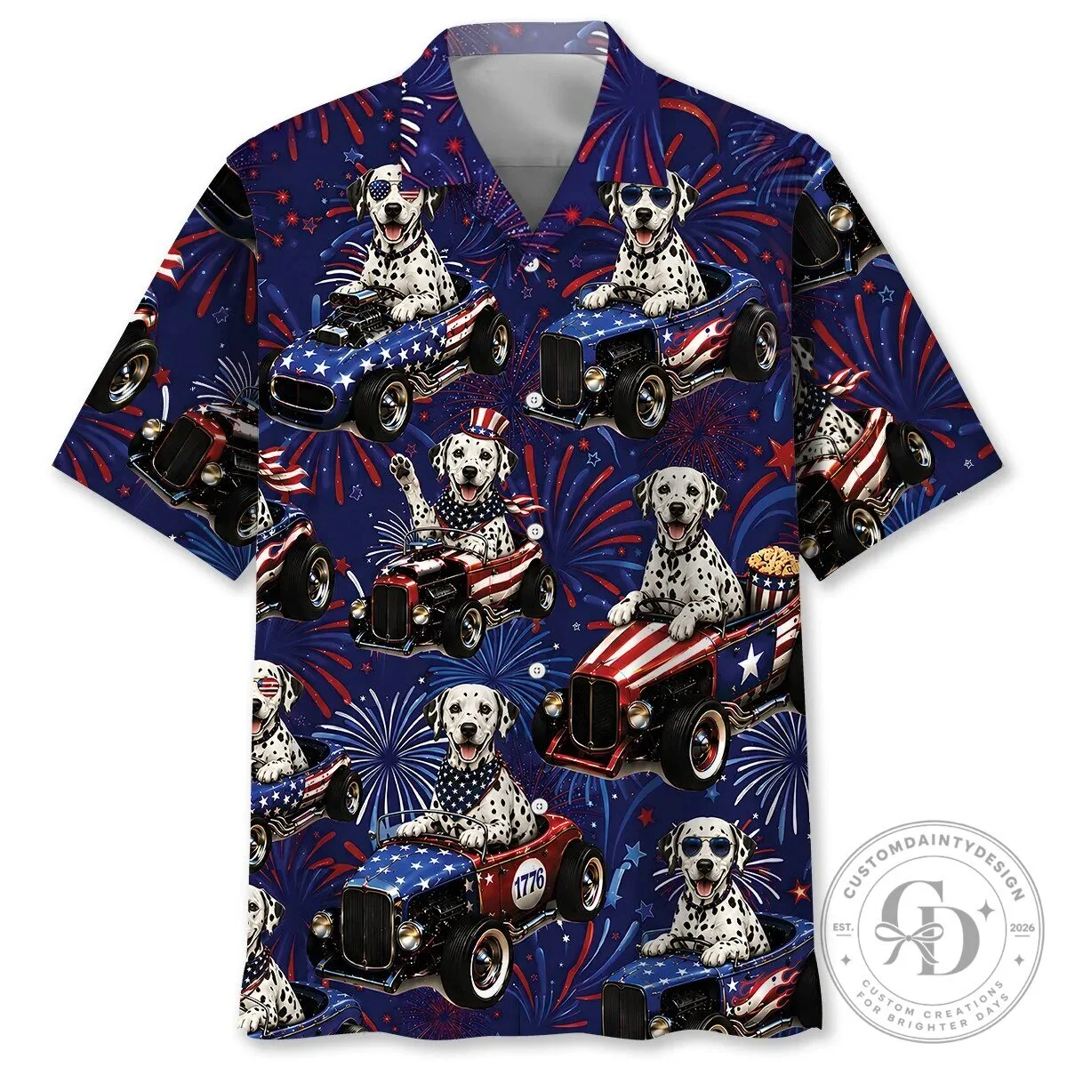 Fourth of July Dalmatian Dogs Hot Rod Racing Patriotic Hawaiian Shirt