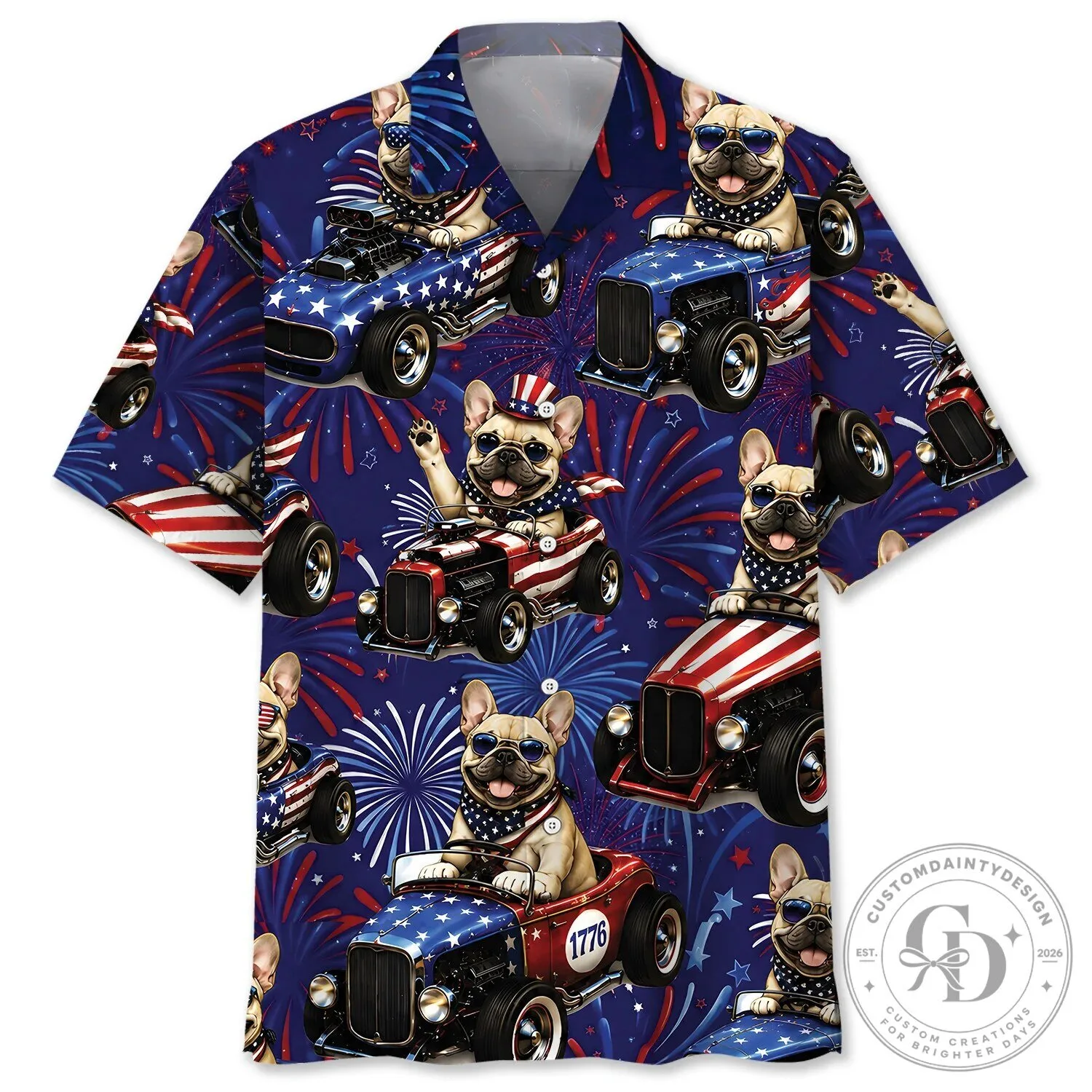 Fourth Of July French Bulldog Hot Rod Race Car Patriotic Hawaiian Shirt