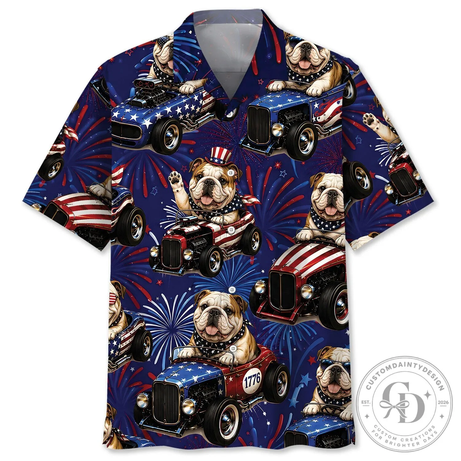 Patriotic English Bulldog Hot Rod Fourth of July Celebration Hawaiian Shirt