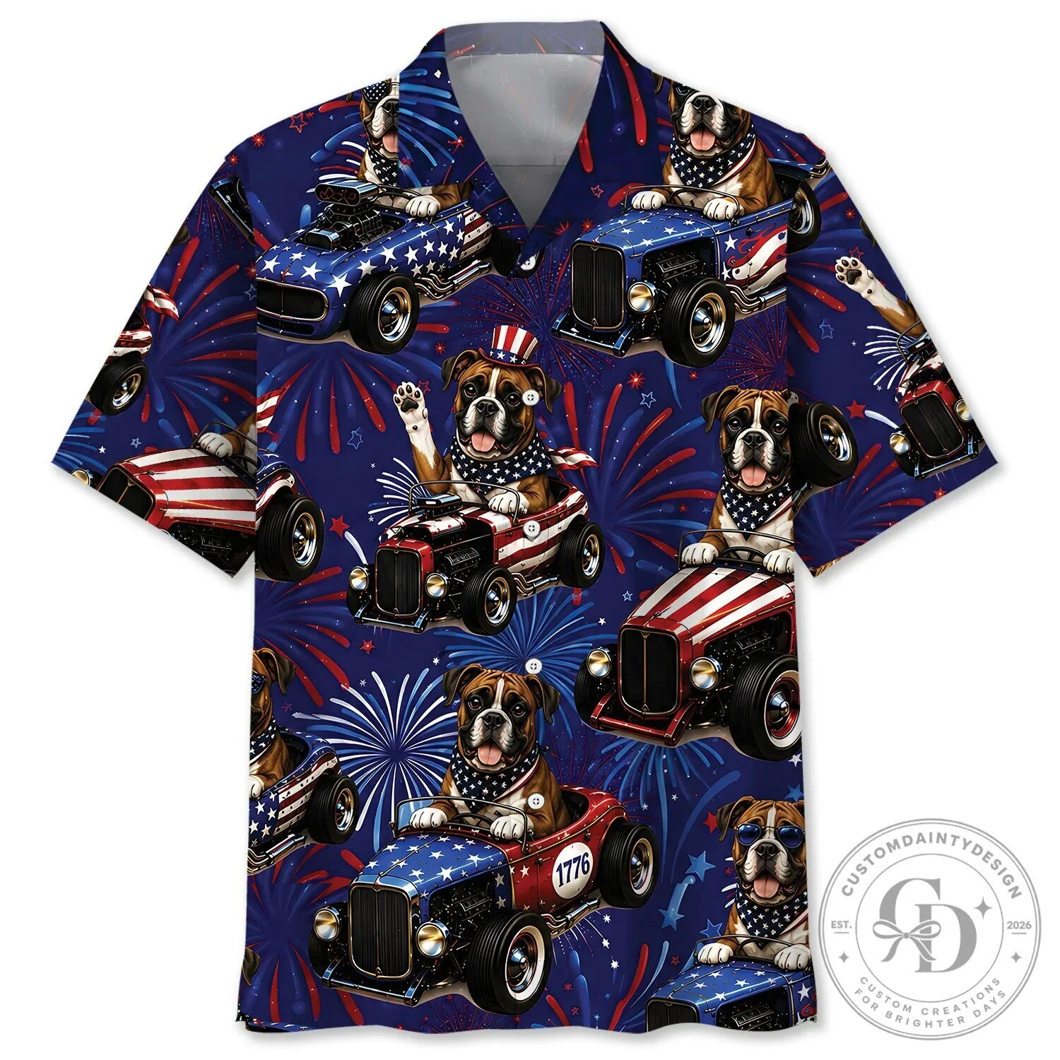 Fourth of July Boxer Dog Hot Rod Patriotic Hawaiian Shirt