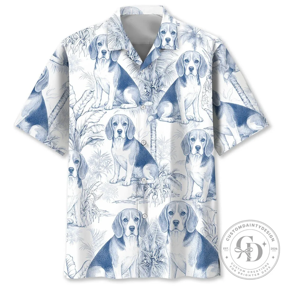 Blue and White Beagle Dog Pattern Tropical Hawaiian Shirt for Men and Women
