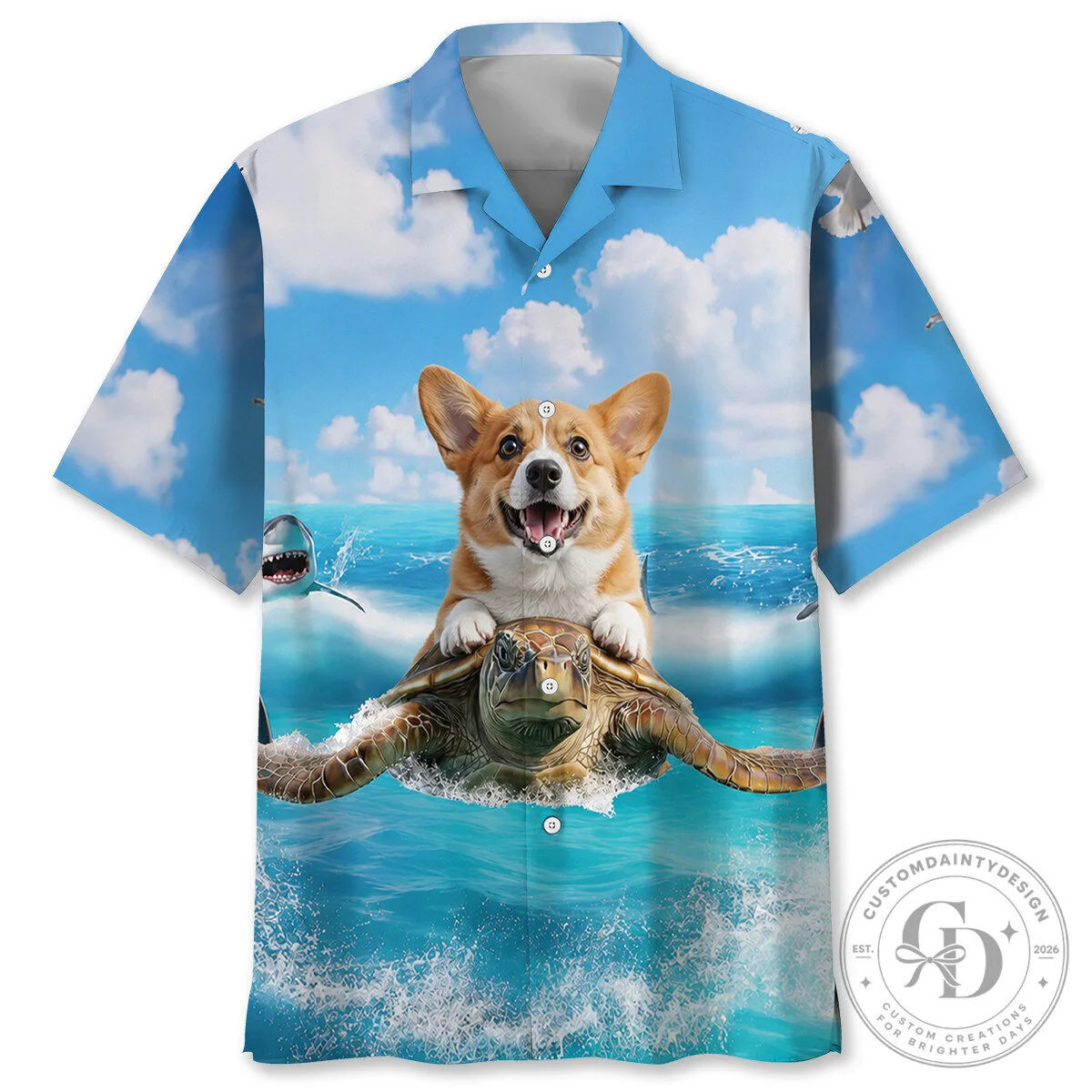 Funny Corgi Riding Sea Turtle Ocean Beach Hawaiian Shirt