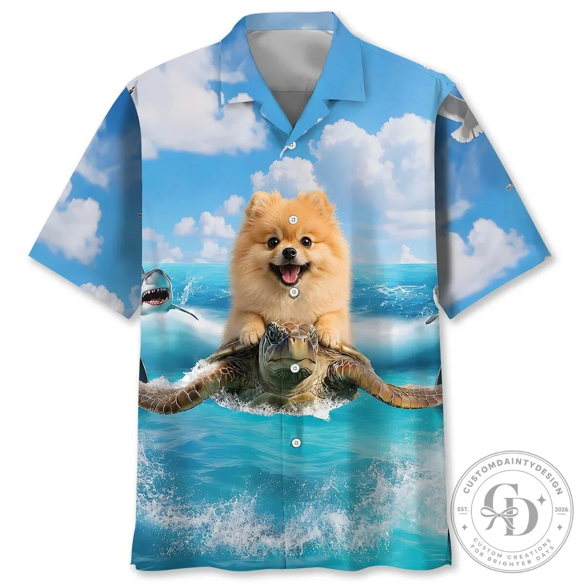 Pomeranian Dog Riding Sea Turtle Ocean Waves Hawaiian Shirt