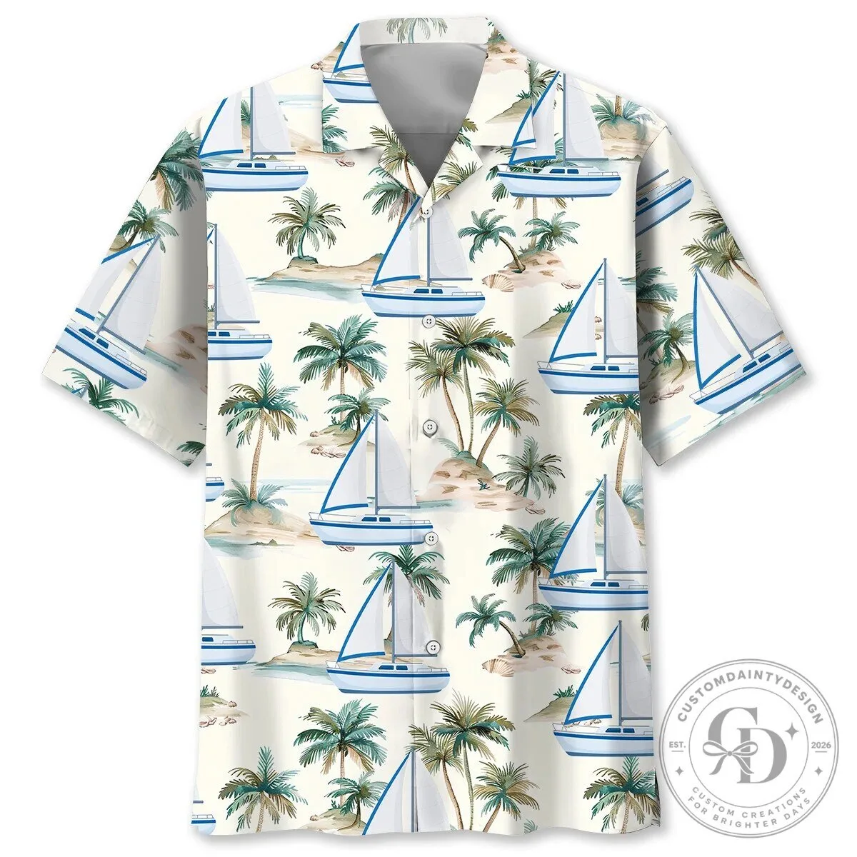 Sailboat and Palm Tree Island Pattern Hawaiian Shirt