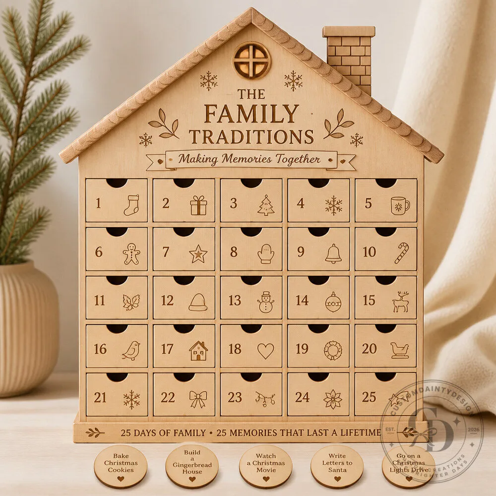 Personalized Wooden Advent Calendar House with Family Activity Drawers