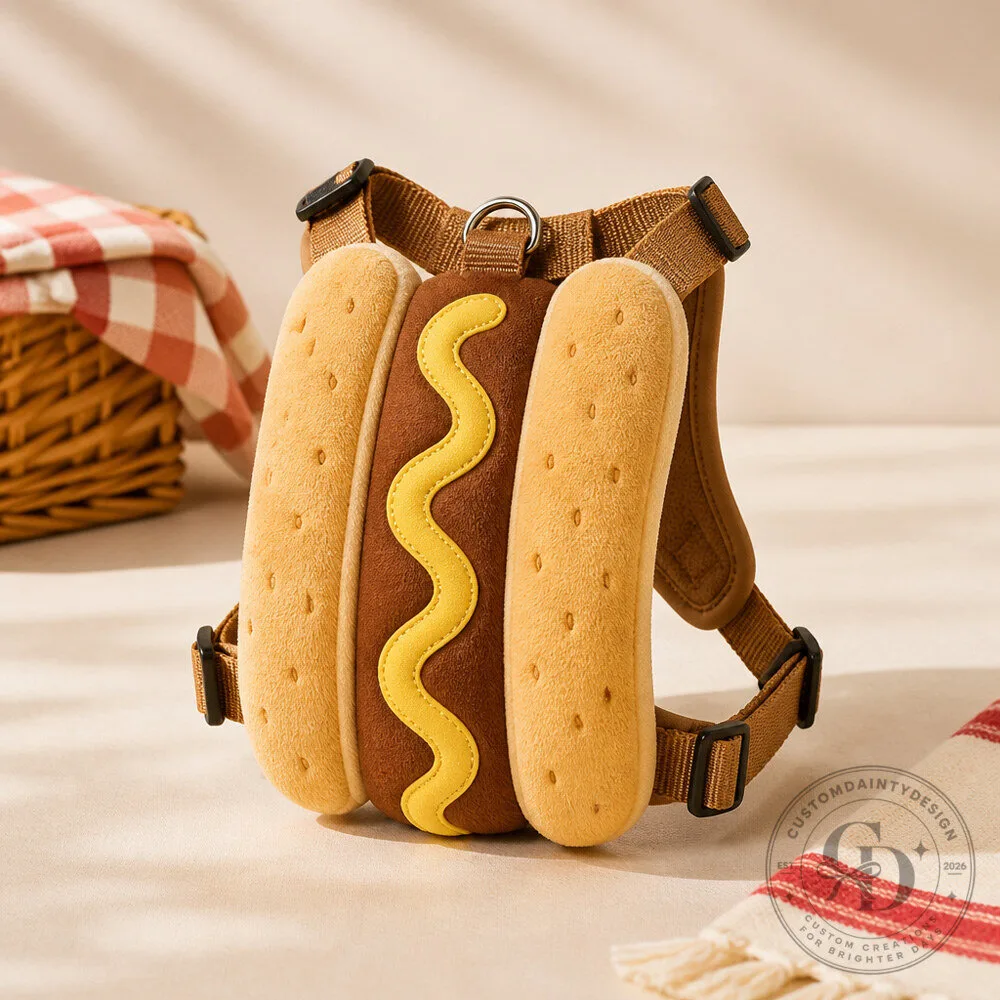 Hot Dog Dog Harness Costume with Soft Bun Panels and Decorative Mustard Stripe