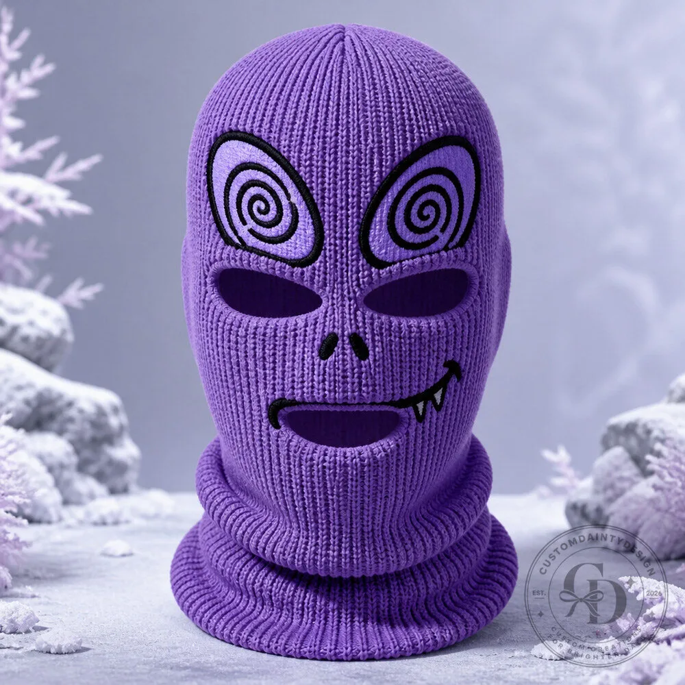 Funny Purple Alien Ski Balaclava with Spiral Eyes and Goofy Cartoon Face 2 Funny Purple Alien Ski Balaclava with Spiral Eyes and Goofy Cartoon Face