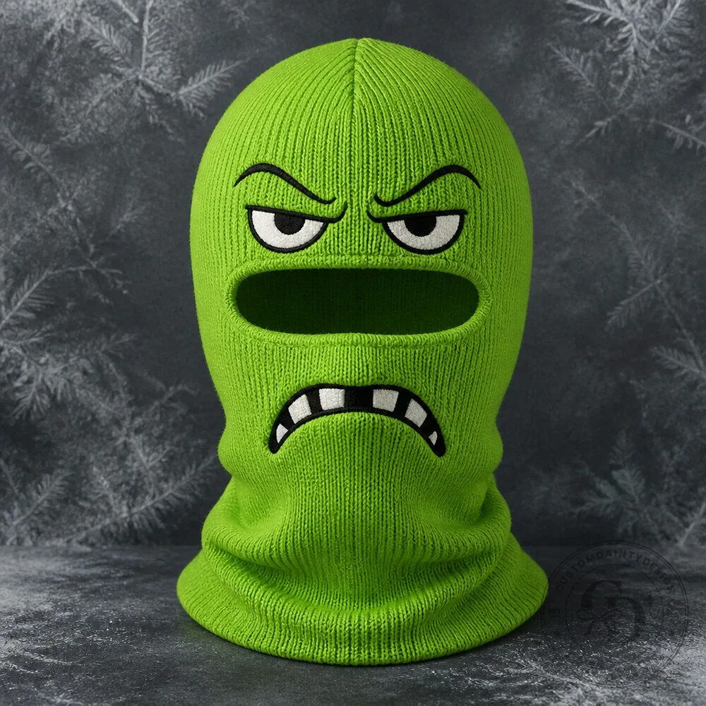 Funny Green Monster Ski Balaclava with Uneven Teeth and Grumpy Cartoon Face