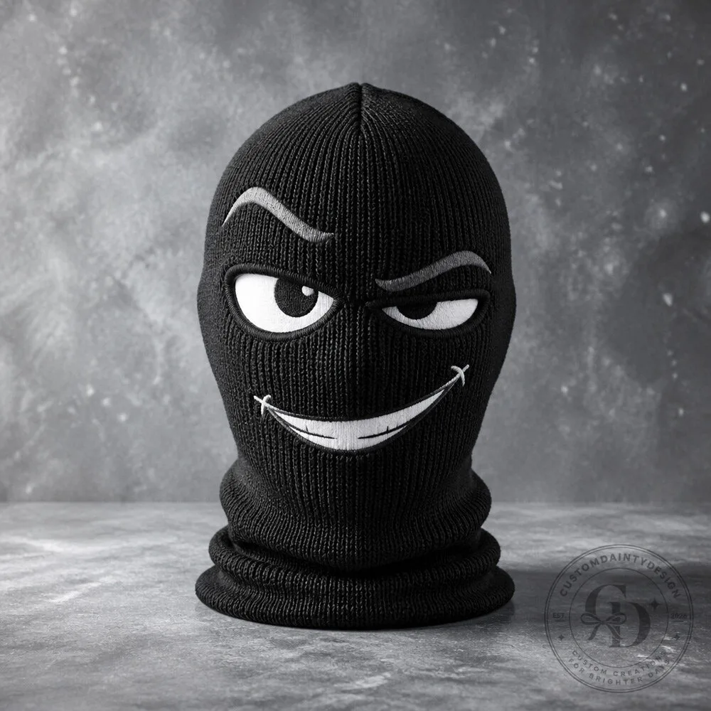 Funny Smirking Ski Balaclava with Raised Eyebrow and Crooked Cartoon Smile