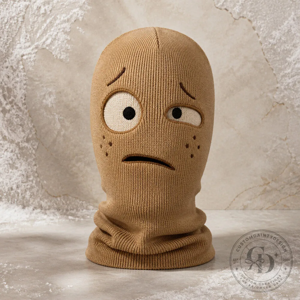 Funny Confused Potato Ski Balaclava with Uneven Eyes and Puzzled Cartoon Face