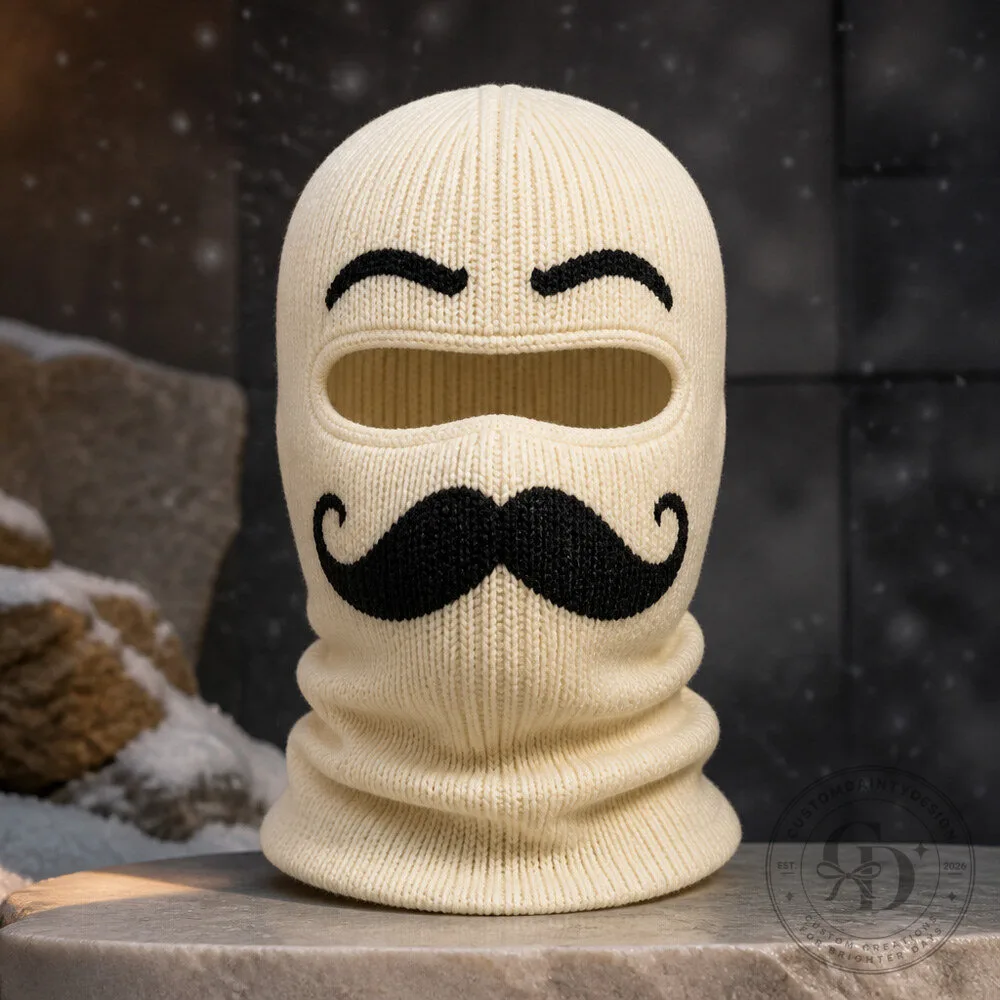 Funny Mustache Ski Balaclava with Oversized Cartoon Facial Hair and Expressive Brows