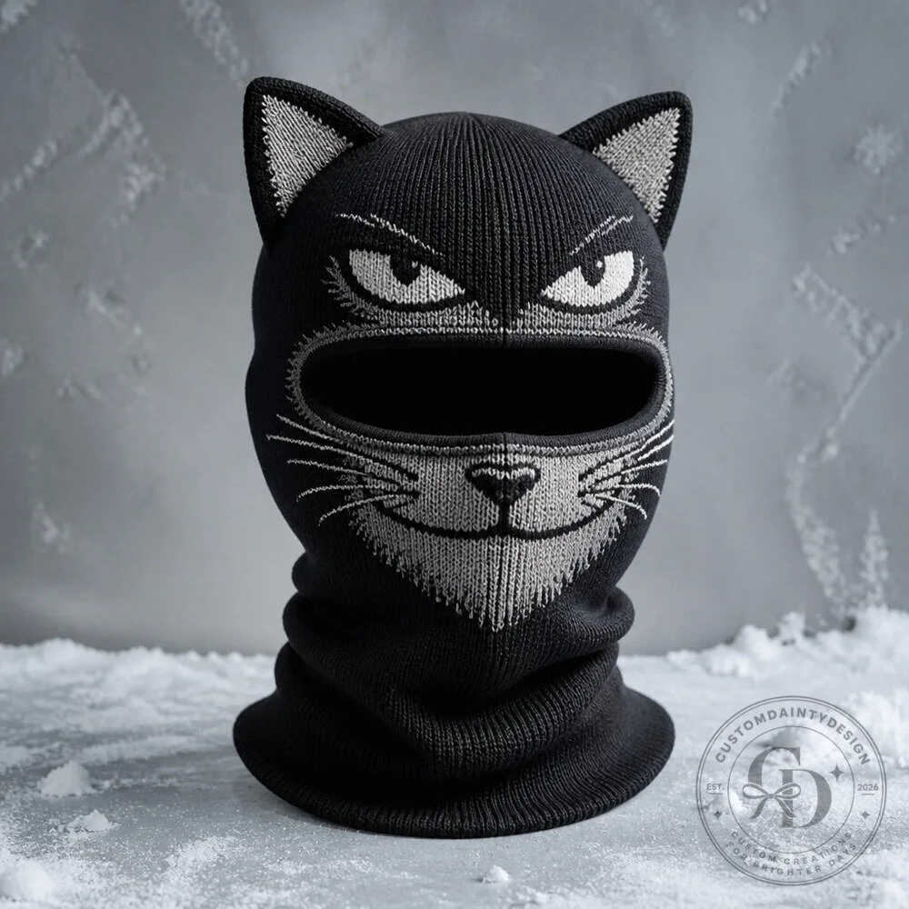 Funny Cat Face Ski Balaclava with Whiskers, Tilted Ears, and Mischievous Expression