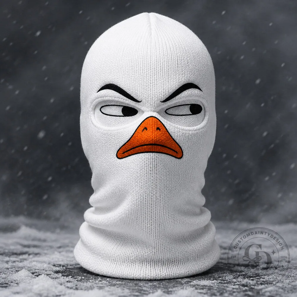 Angry Goose Ski Balaclava with Orange Beak and Comically Furrowed Brows