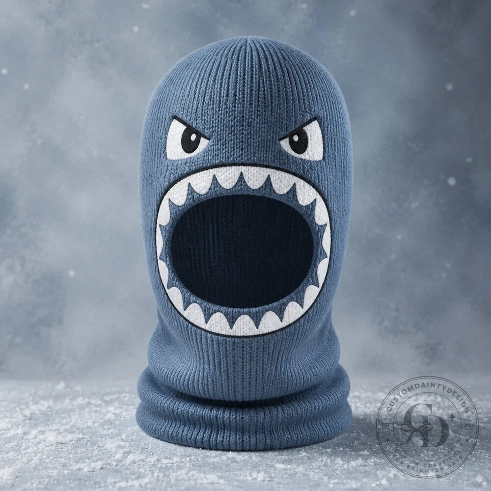 Shark Face Ski Balaclava with Playful Eyes and Rounded Cartoon Teeth 2 Shark Face Ski Balaclava with Playful Eyes and Rounded Cartoon Teeth