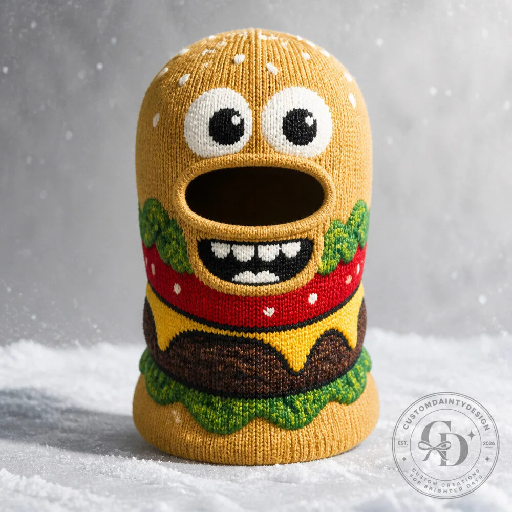 Burger Face Ski Balaclava with Cartoon Bun, Lettuce, Tomato, and Goofy Eyes 1 Burger Face Ski Balaclava with Cartoon Bun, Lettuce, Tomato, and Goofy Eyes