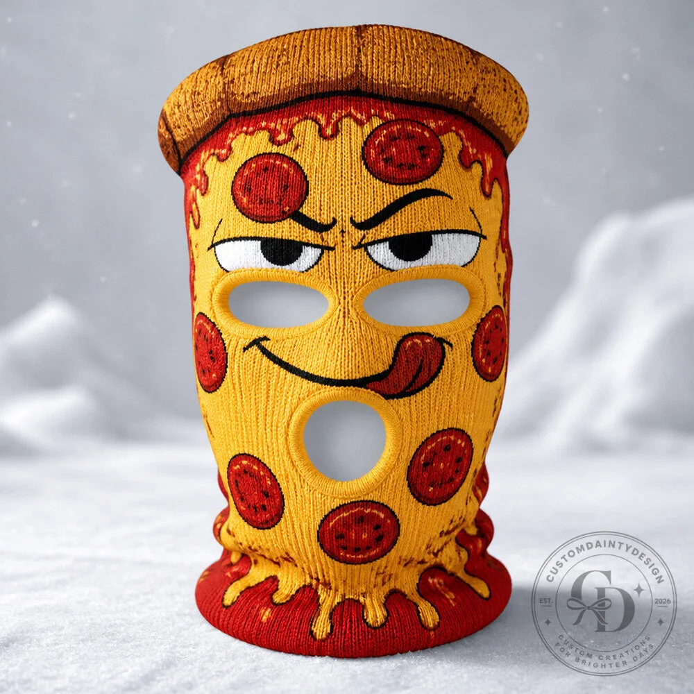 Pizza Slice Ski Balaclava with Cartoon Cheese, Crust, and Mischievous Face 1 Pizza Slice Ski Balaclava with Cartoon Cheese, Crust, and Mischievous Face