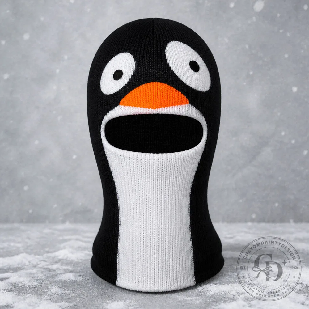 Penguin Face Ski Balaclava with Crooked Beak and Wide Cartoon Eyes