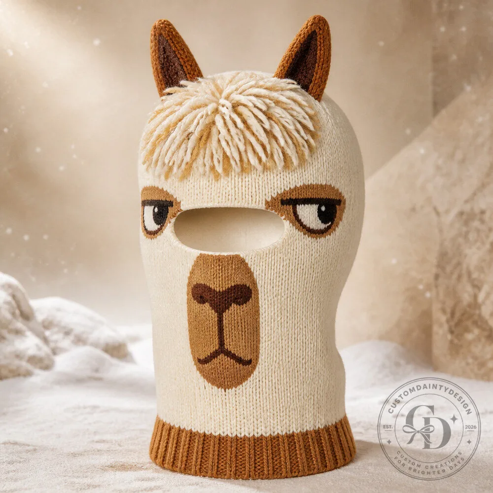 Llama Face Ski Balaclava with Long Muzzle and Fluffy Cartoon Forehead