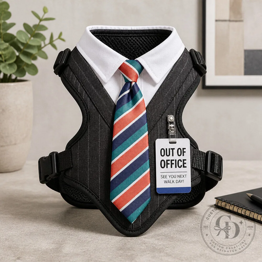 Office Worker Dog Harness Costume with Mini Tie and Out of Office Badge