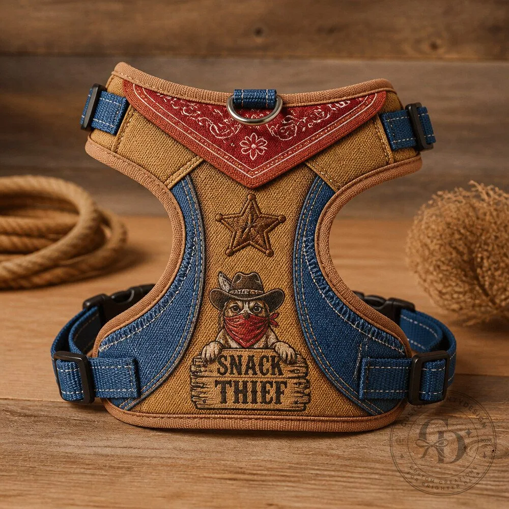Cowboy Dog Harness Costume with Soft Bandana and Original Wanted for Stealing Snacks Patch