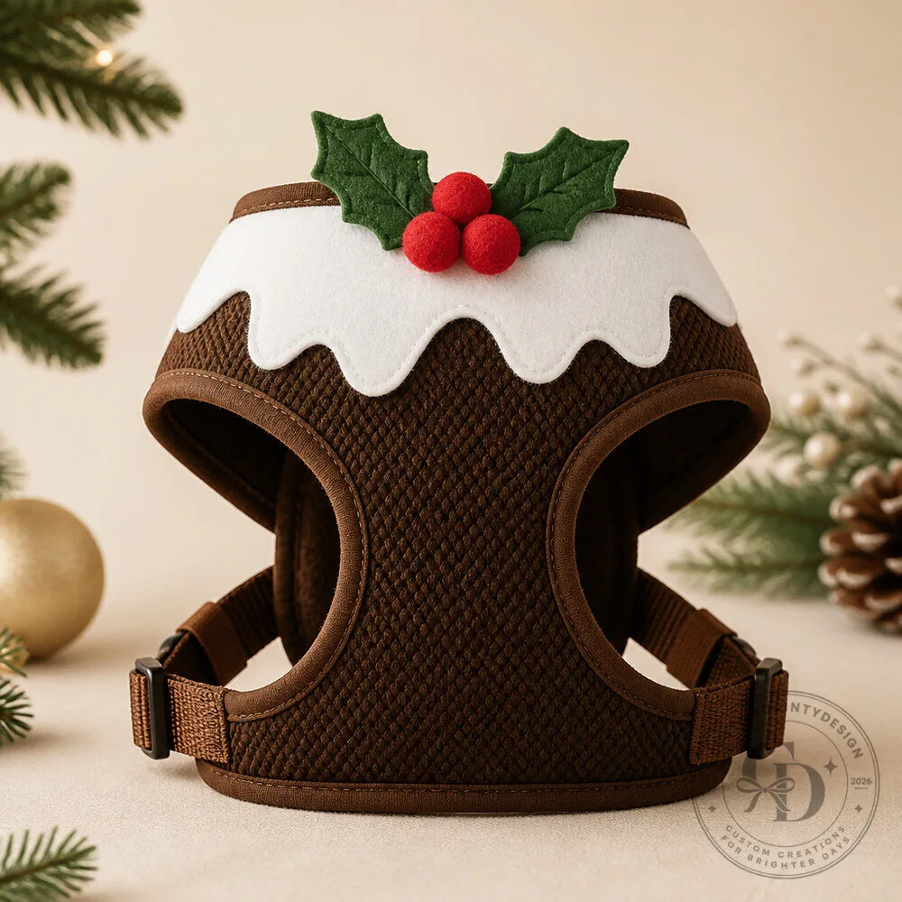 Christmas Pudding Dog Harness Costume with White Icing Trim and Stitched Berry Details