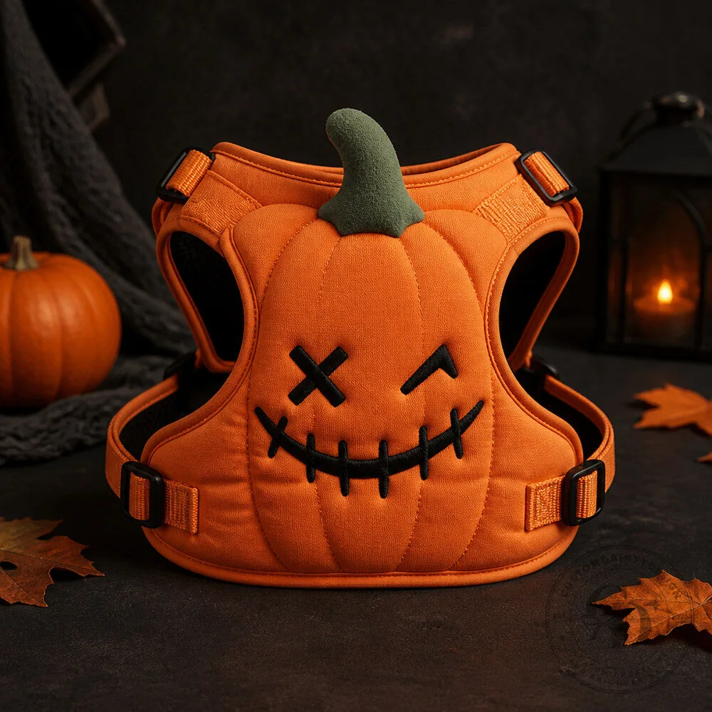 Orange Pumpkin Dog Harness Costume with Green Stem and Original Funny Face