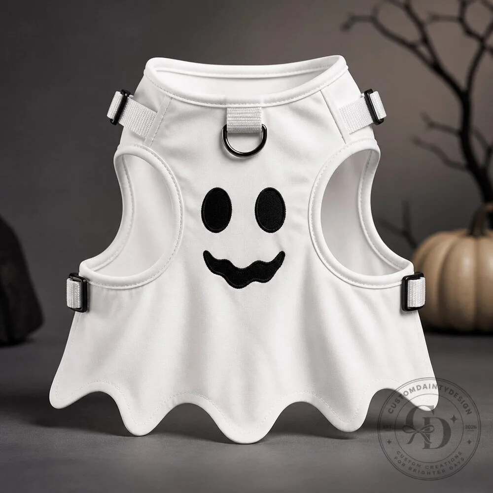 White Ghost Dog Harness Costume with Scalloped Edge and Original Stitched Face 2 White Ghost Dog Harness Costume with Scalloped Edge and Original Stitched Face