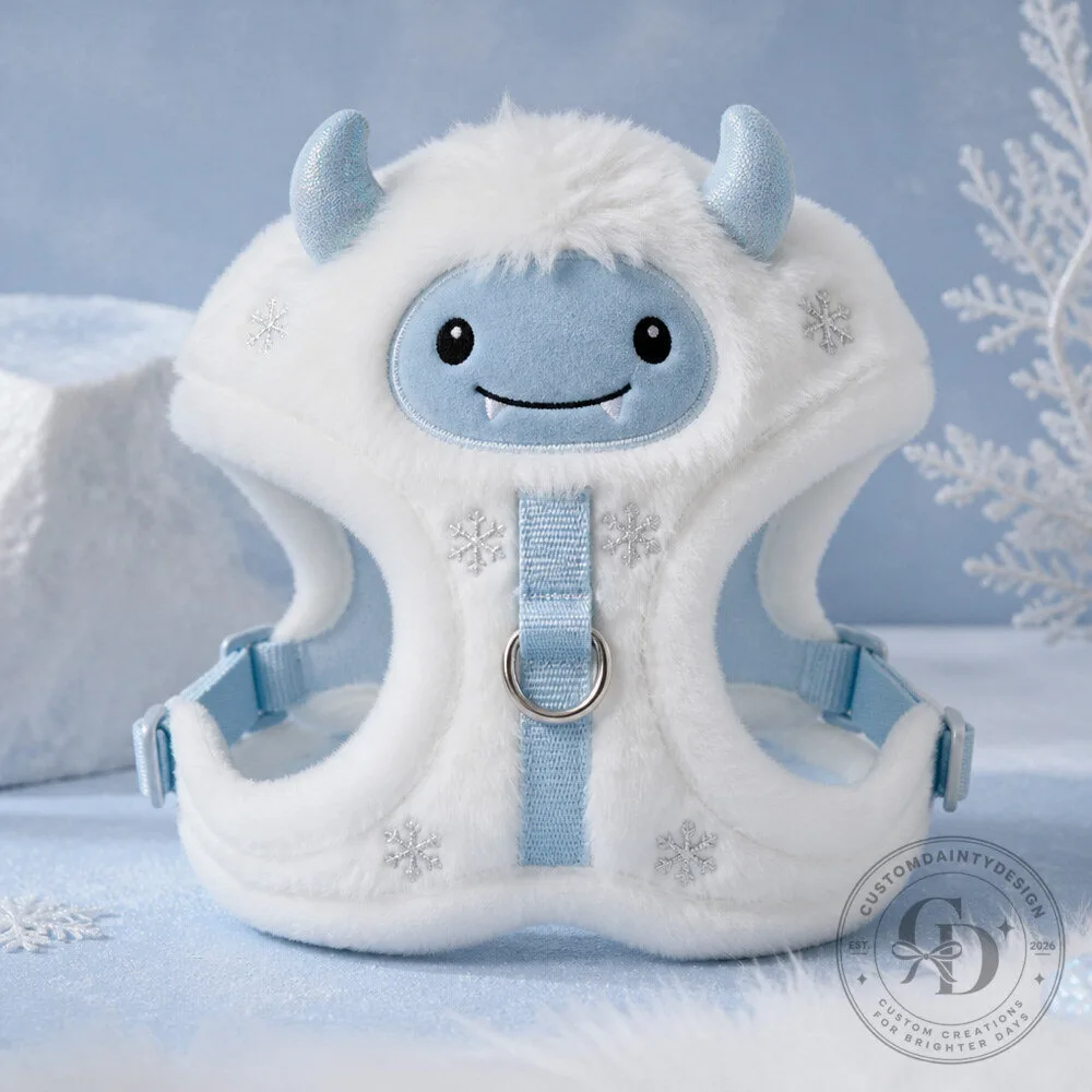 White and Icy Blue Fuzzy Snow Creature Dog Harness Costume for Winter Photos
