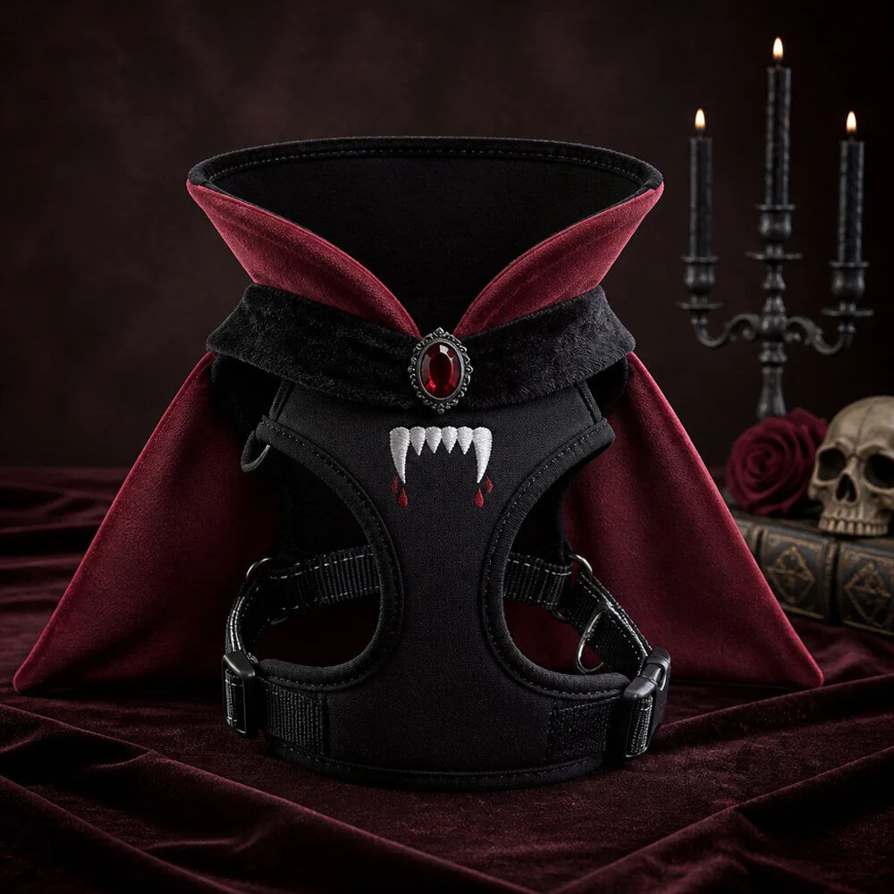 Black and Burgundy Vampire Dog Harness Costume with Soft Cape for Halloween