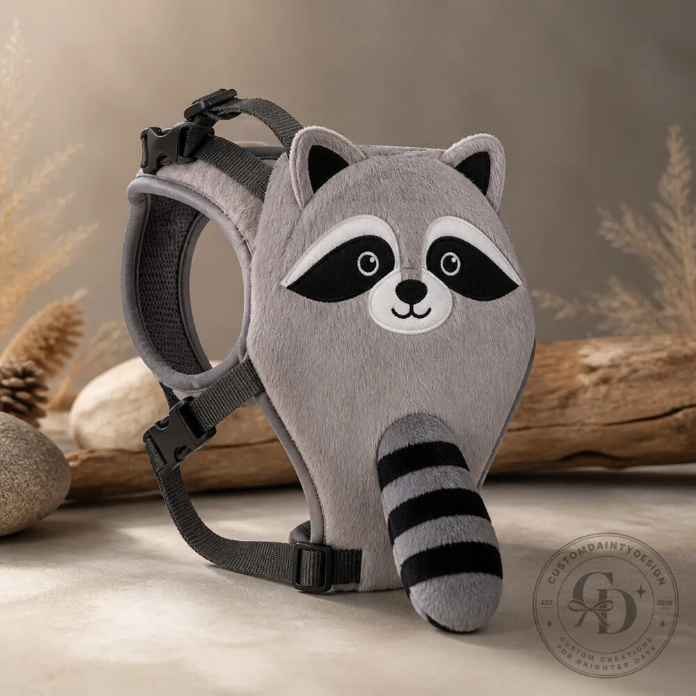 Raccoon Dog Harness Costume with Grey Plush Body and Striped Tail Detail