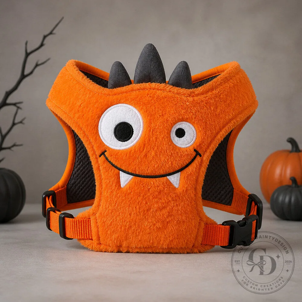 Orange Fuzzy Monster Dog Harness Costume with Goofy Original Face for Halloween