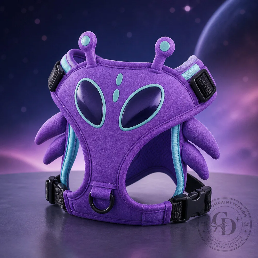 Purple Alien Dog Harness Costume with Original Creature Face and Soft Appendages