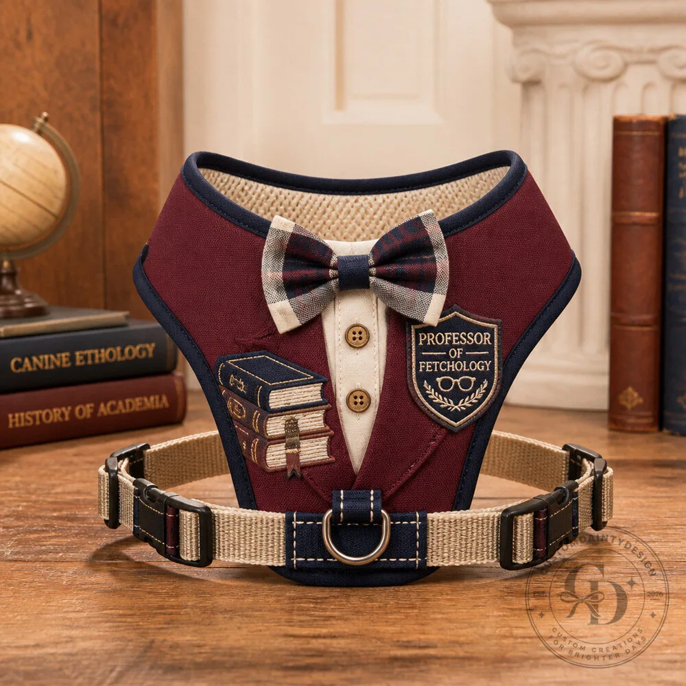 Professor Dog Harness Costume with Soft Bow Tie and Fictional Academic Badge