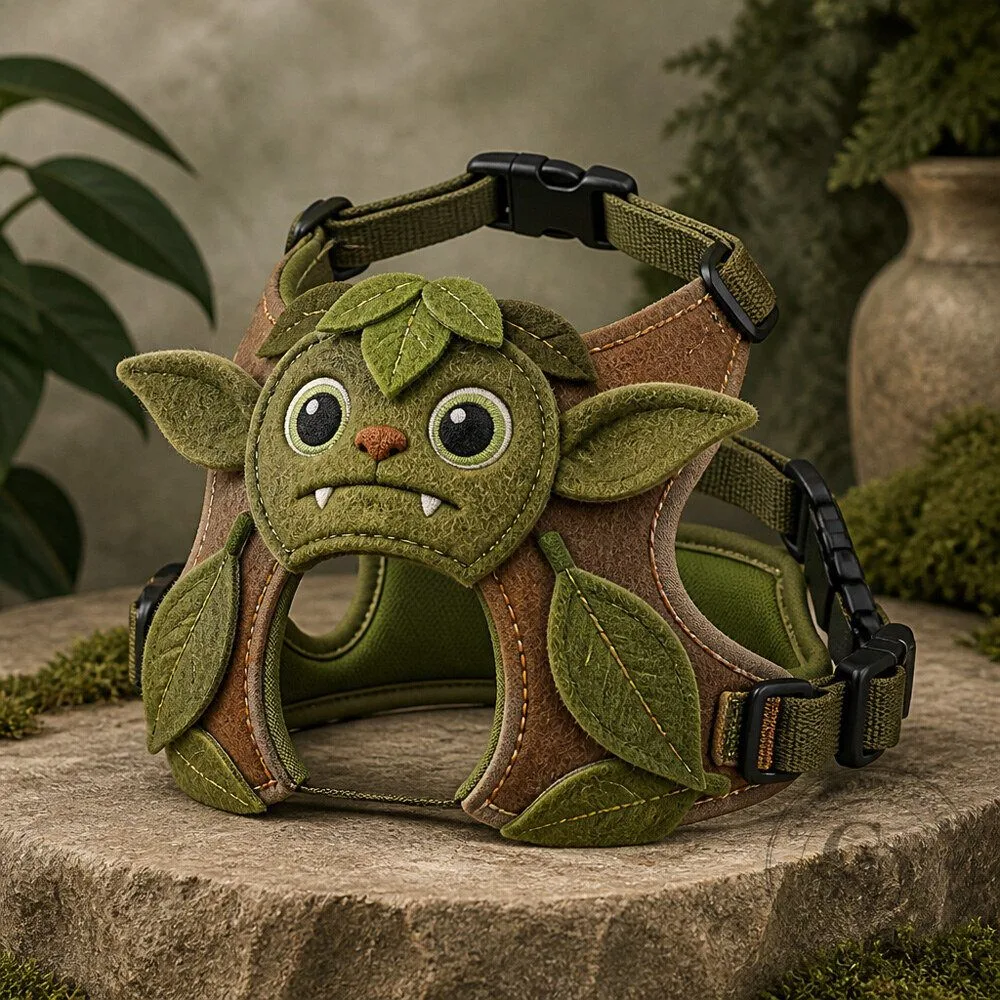 Moss Green Garden Goblin Dog Harness Costume with Soft Leaf Accents